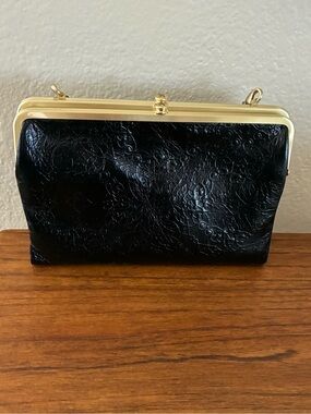 Hobo Black Embossed Leather Clutch / crossbody with matte Gold Trim